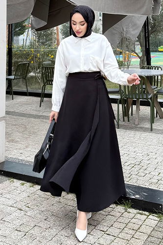 moda selvim Bağlama Detaylı Krep Etek 4697ALGK1170 Siyah - Thumbnail