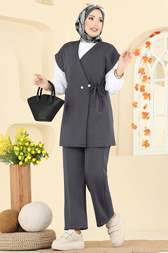 moda selvim Bağlama Detaylı Scuba Takım 8002TEG847 Füme - Thumbnail