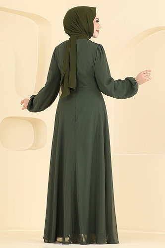 moda selvim Bağlama Detaylı Şifon Abiye 5856EDFK1198 Haki - Thumbnail