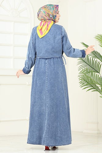 moda selvim Bağlama Yelekli Kot Elbise 101ZNE1011 Yıkamalı Kot - Thumbnail