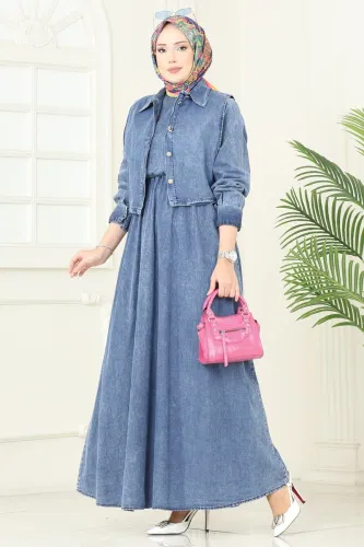 Z.N.E. - Bağlama Yelekli Kot Elbise 101ZNE1011 Yıkamalı Kot