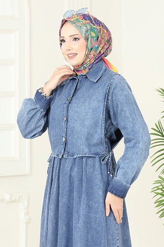 moda selvim Bağlama Yelekli Kot Elbise 101ZNE1011 Yıkamalı Kot - Thumbnail