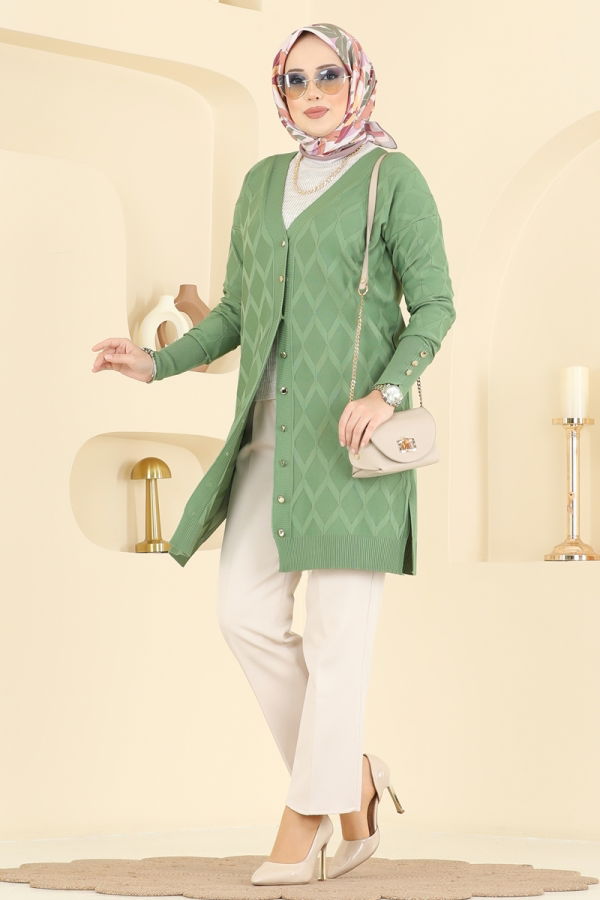 Modaselvim %20+%70 İNDİRİM Baklava Desen Merserize Hırka 3290UZ662 Çağla