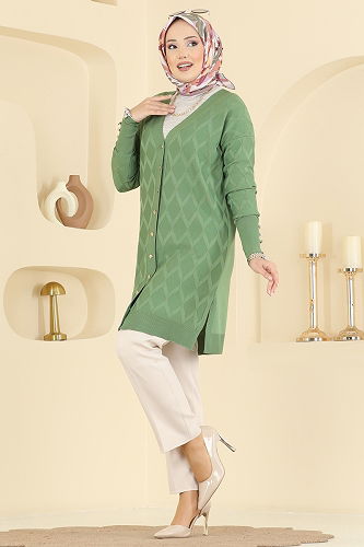 moda selvim Baklava Desen Merserize Hırka 3290UZ662 Çağla - Thumbnail