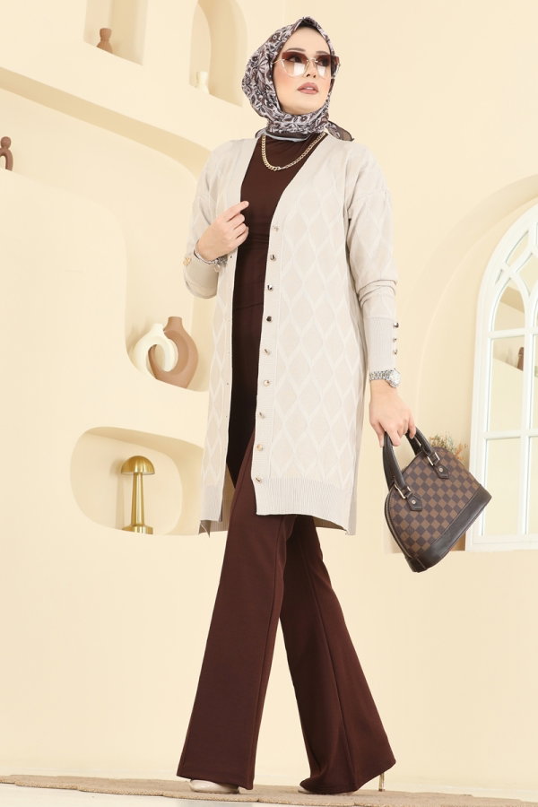 Modaselvim %20+%70 İNDİRİM Baklava Desen Merserize Hırka 3290UZ662 Taş