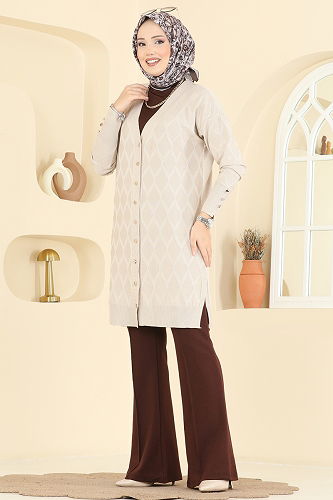 moda selvim Baklava Desen Merserize Hırka 3290UZ662 Taş - Thumbnail