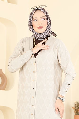 moda selvim Baklava Desen Merserize Hırka 3290UZ662 Taş - Thumbnail