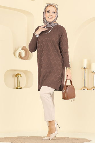 moda selvim Baklava Desen Merserize Tunik 3288UZ662 Açık Kahve - Thumbnail