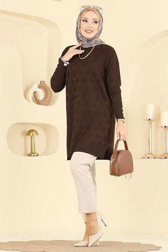 moda selvim Baklava Desen Merserize Tunik 3288UZ662 Kahve - Thumbnail