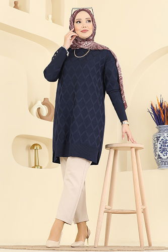 moda selvim Baklava Desen Merserize Tunik 3288UZ662 Koyu Laci - Thumbnail