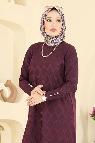 moda selvim Baklava Desen Merserize Tunik 3288UZ662 Mürdüm - Thumbnail