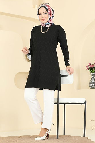 moda selvim Baklava Desen Merserize Tunik 3288UZ662 Siyah - Thumbnail