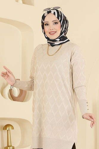 moda selvim Baklava Desen Merserize Tunik 3288UZ662 Taş - Thumbnail