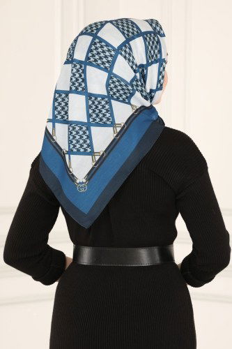 moda selvim Retro Desen Eşarp Serisi 107IPK758 Saks - Thumbnail