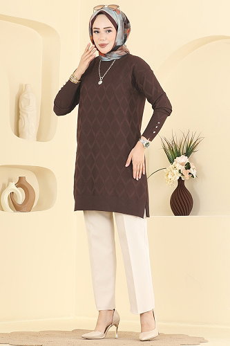 moda selvim Baklava Desenli Merserize Triko 3288NVX1208 Acı Kahve - Thumbnail