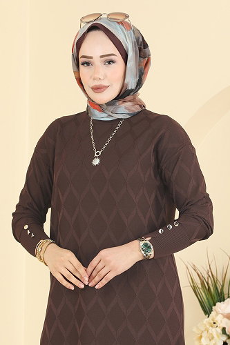 moda selvim Baklava Desenli Merserize Triko 3288NVX1208 Acı Kahve - Thumbnail