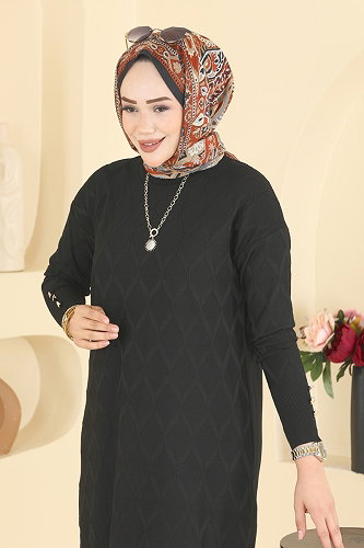 moda selvim Baklava Desenli Merserize Triko 3288NVX1208 Siyah - Thumbnail
