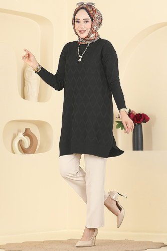 moda selvim Baklava Desenli Merserize Triko 3288NVX1208 Siyah - Thumbnail