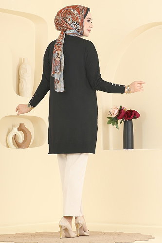 moda selvim Baklava Desenli Merserize Triko 3288NVX1208 Siyah - Thumbnail