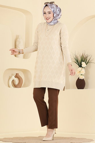 moda selvim Baklava Desenli Merserize Triko 3288NVX1208 Taş - Thumbnail