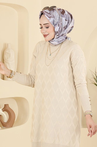 moda selvim Baklava Desenli Merserize Triko 3288NVX1208 Taş - Thumbnail