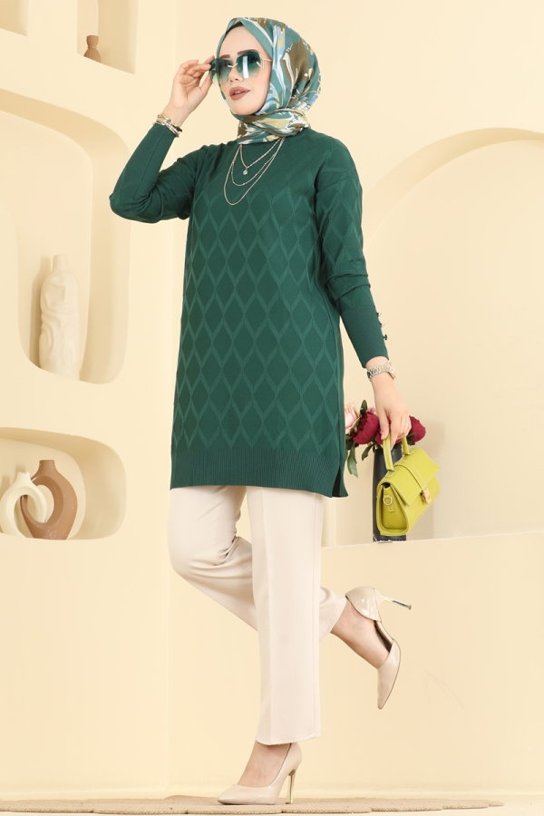 Modaselvim Tunik Baklava Desenli Merserize Triko 3288NVX1208 Zümrüt