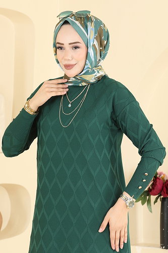 moda selvim Baklava Desenli Merserize Triko 3288NVX1208 Zümrüt - Thumbnail