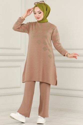 moda selvim Baklava Desenli Simli Triko Takım 1702MT581 Latte - Thumbnail