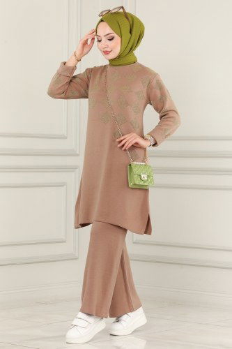 moda selvim Baklava Desenli Simli Triko Takım 1702MT581 Latte - Thumbnail