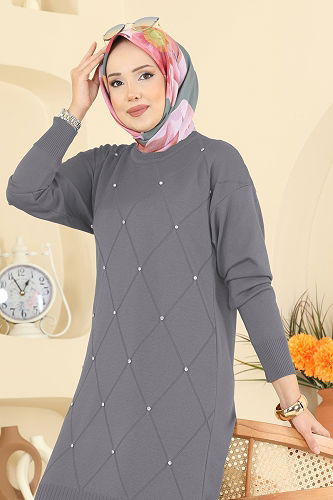 moda selvim Baklava Desenli Triko Tunik 3225UZ662 Gri - Thumbnail