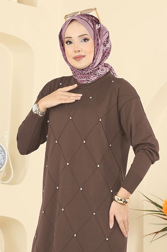moda selvim Baklava Desenli Triko Tunik 3225UZ662 Koyu Vizyon - Thumbnail