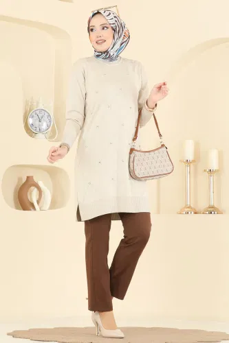 U.Z. - Baklava Desenli Triko Tunik 3225UZ662 Taş