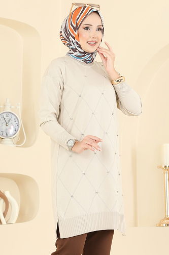 moda selvim Baklava Desenli Triko Tunik 3225UZ662 Taş - Thumbnail