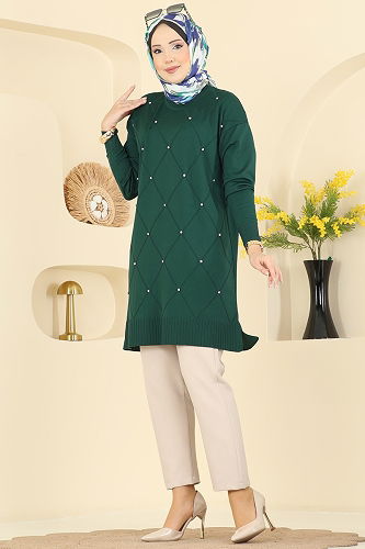 moda selvim Baklava Desenli Triko Tunik 3225UZ662 Zümrüt - Thumbnail