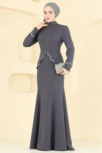 moda selvim Balık Etek Tesettür Abiye ASM2863 Antrasit - Thumbnail