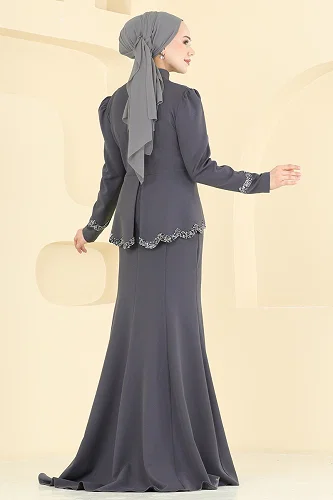 moda selvim Balık Etek Tesettür Abiye ASM2863 Antrasit - Thumbnail