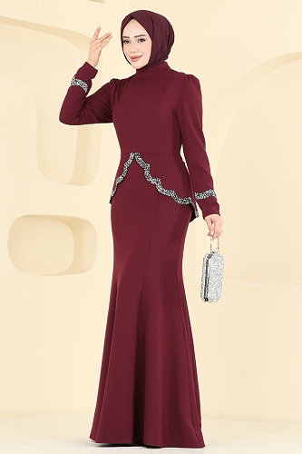 moda selvim Balık Etek Tesettür Abiye ASM2863 Bordo - Thumbnail