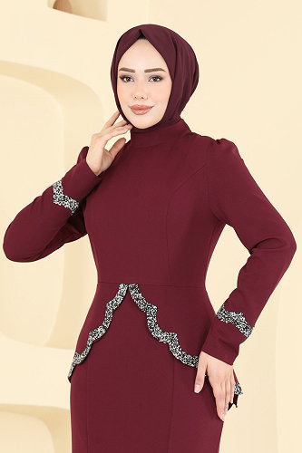 moda selvim Balık Etek Tesettür Abiye ASM2863 Bordo - Thumbnail