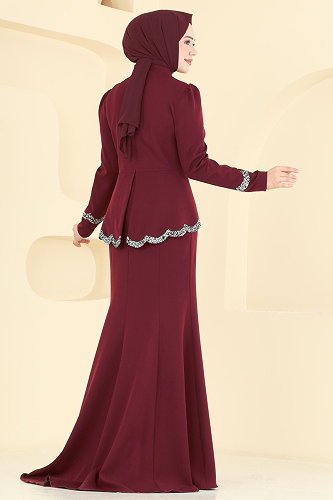 moda selvim Balık Etek Tesettür Abiye ASM2863 Bordo - Thumbnail