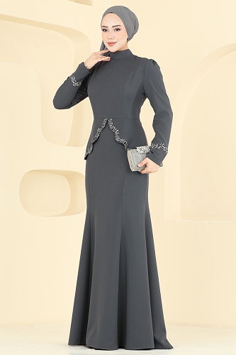 moda selvim Balık Etek Tesettür Abiye ASM2863 Koyu Gri - Thumbnail