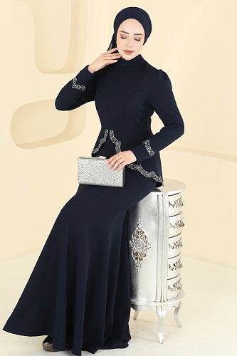 moda selvim Balık Etek Tesettür Abiye ASM2863 Koyu Laci - Thumbnail