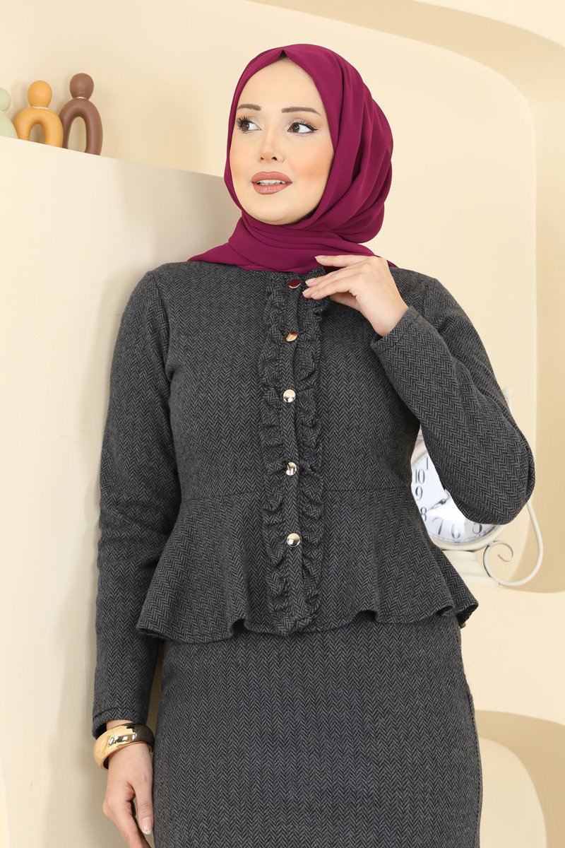 Balıksırtı 2 li Şık Takım 24093UKBK1160 Antrasit - Moda Selvim