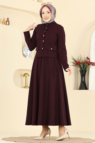 moda selvim Balıksırtı Dokulu 2 li Takım 24024UKB139 Bordo - Thumbnail