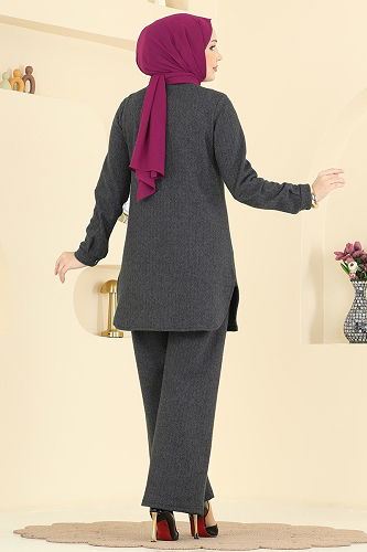 moda selvim Balıksırtı Düğmeli 2 li Takım 24095UKBK1160 Antrasit - Thumbnail