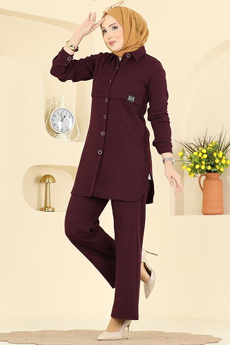 moda selvim Balıksırtı Düğmeli 2 li Takım 24095UKBK1160 Bordo - Thumbnail