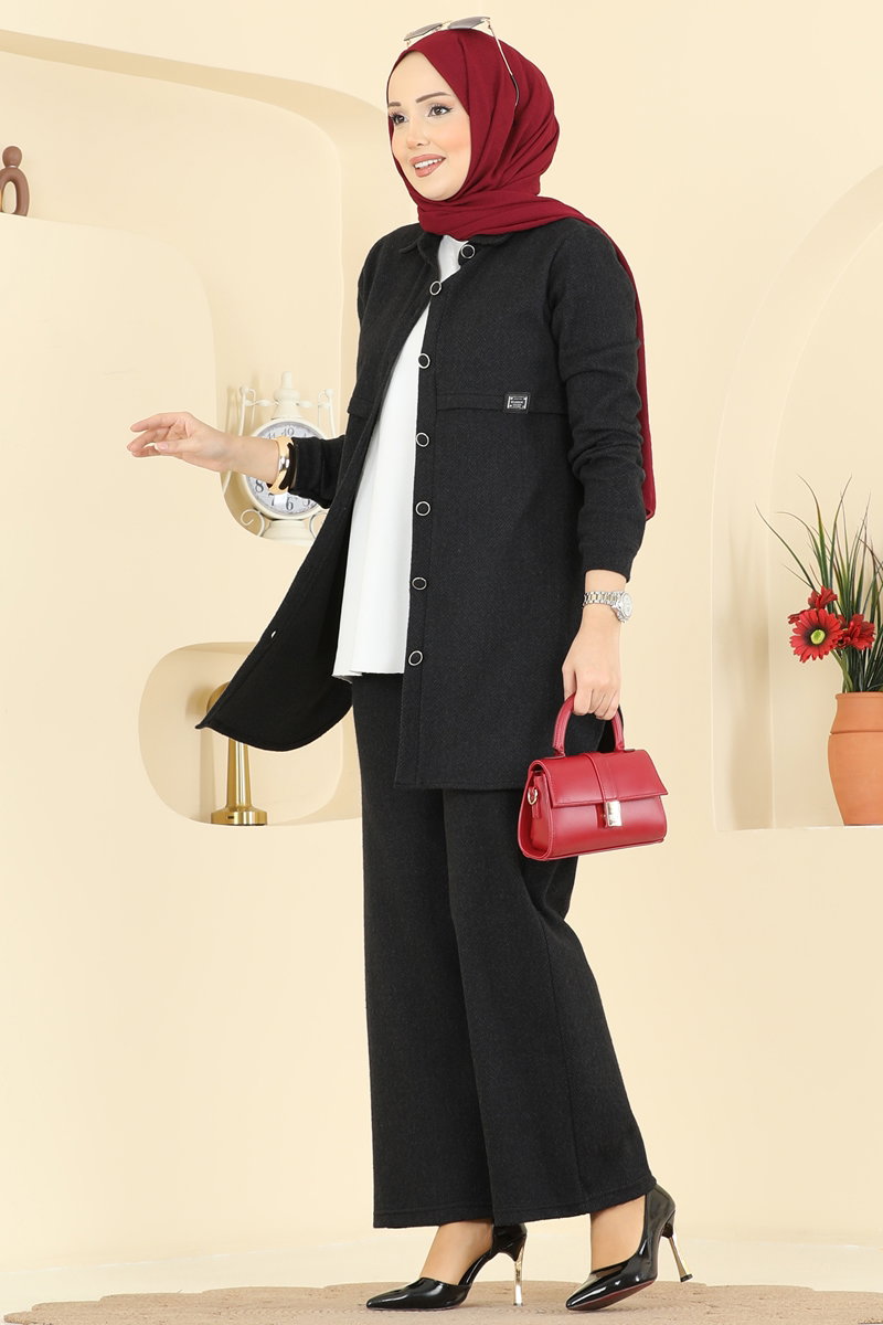 Balıksırtı Düğmeli 2 li Takım 24095UKBK1160 Siyah