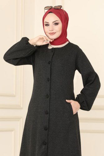 moda selvim Balıksırtı Kışlık Tesettür Kap 21086UKB139 Siyah - Thumbnail