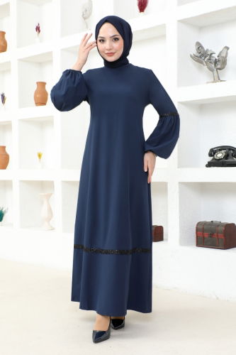 moda selvim Balloon Sleeve Crepe Dress ASM2676-1 Navy Blue - Thumbnail