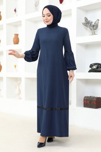 moda selvim Balloon Sleeve Crepe Dress ASM2676-1 Navy Blue - Thumbnail