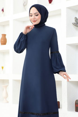 moda selvim Balloon Sleeve Crepe Dress ASM2676-1 Navy Blue - Thumbnail